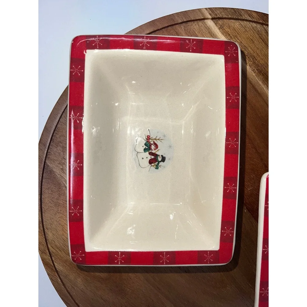 Royal Seasons Stoneware Snowman Holiday Serving Dishes Set of 2 Red Plaid‎